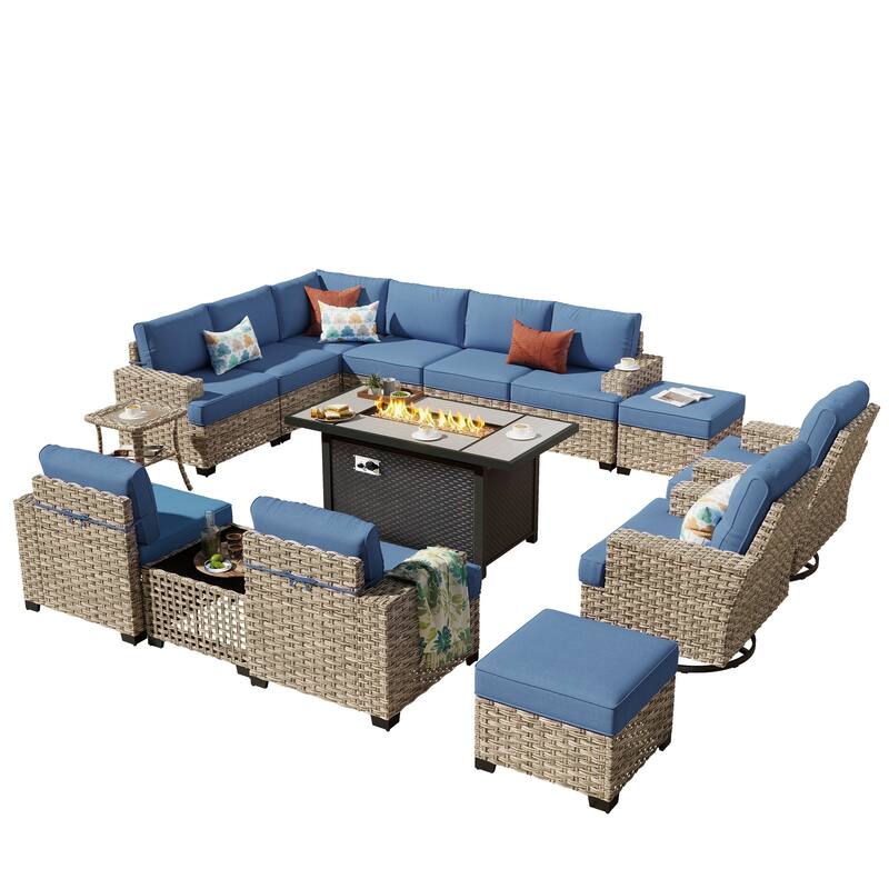 HOOOWOOO 15-piece Outdoor Sofa Patio Wicker Furniture Sectional Set with 54" Fire Pit Table