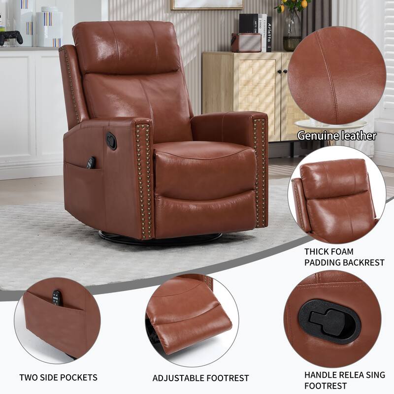 Roomfitters Genuine Leather Swivel Rocker Recliner, Manual Massage Glider with Heat and Top Grain Cowhide, Living Room