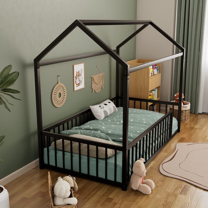 Montessori Metal House Bed with Low Entry & 3-Side Fence by Harper&Bright Designs