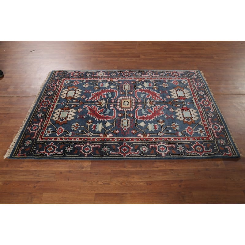Blue Geometric Oushak Indian Area Rug Handmade Wool Carpet - 3'11"x 5'10"