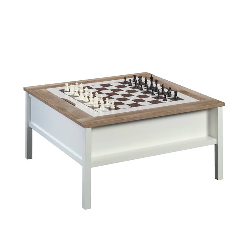 Wood Coffee Table with Chess Game Surface, White - 38.47" L x 38.47" W x 19.02" H