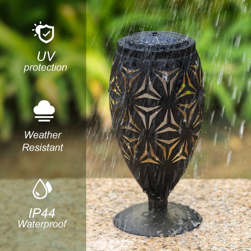 Glitzhome 8.75"H Set of 2 Black Metal Cutout Geometric Pattern Solar Powered Outdoor Lantern with LED Light