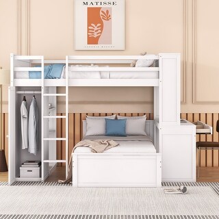 Full Size Loft Bunk Bed with Twin Stand-alone Bed, Shelves, Desk and Wardrobe
