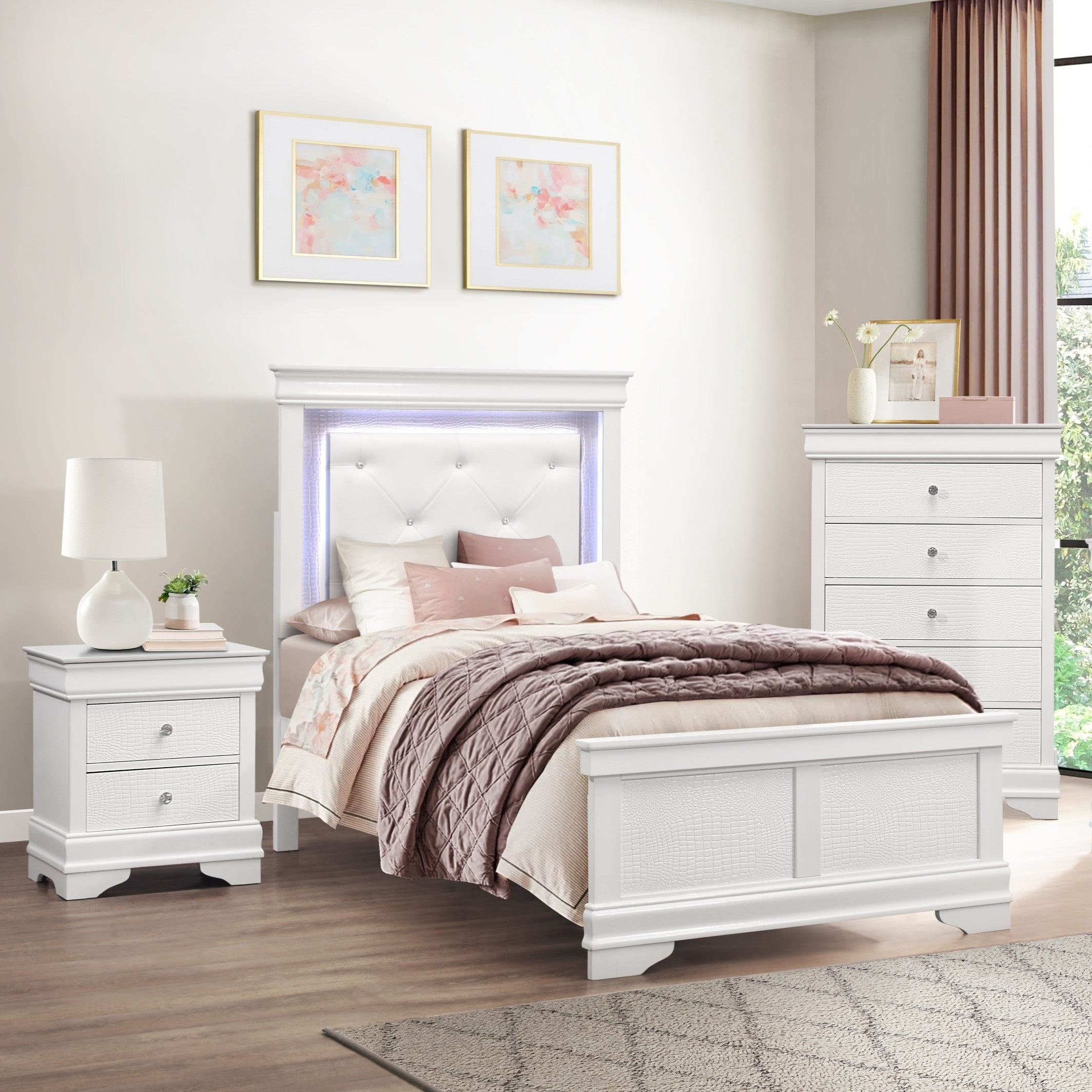 Modern White Bedroom Furniture 3pc Set Upholstered Bed Nightstand Chest