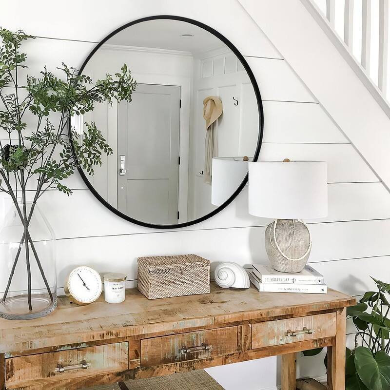 Classic Round Accent Bathroom Mirror Metal Frame Hanging Wall Mounted Circle Mirror for Wall Decor Vanity Entryway Living Room