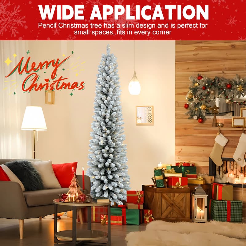 7FT Flocked Pencil Christmas Tree with 200 Warm White LED Lights-Slim Snowy PVC Tree with 469 Tips