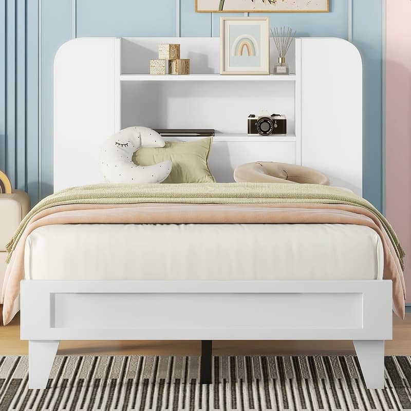 White Solid Wood Twin Size Platform Bed w/Storage Headboard and Shelves on Both Sides