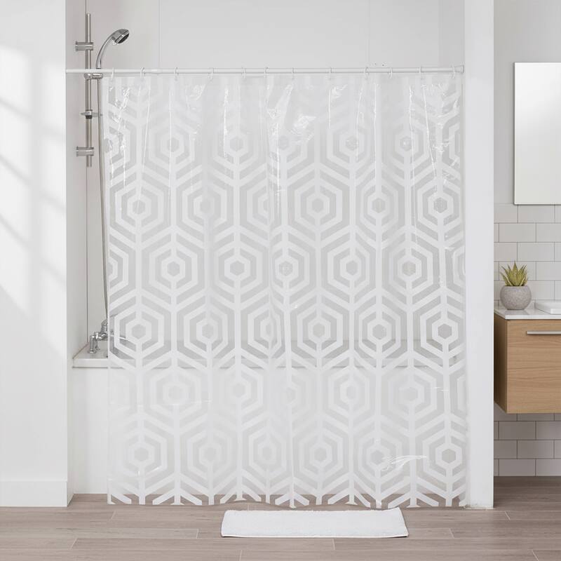 Transparent PEVA Shower Curtain - White Hexagon Design - 71x71 Inches