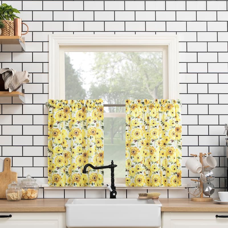 No. 918 Sunny Sunflower Print Semi-Sheer Rod Pocket Kitchen Curtain Valance and Tiers Set