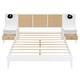 preview thumbnail 4 of 8, Queen Size Solid Wood Bed Frame with 2 Nightstands, Platform Bed with Lamps, Rattan and Wood Combination, White