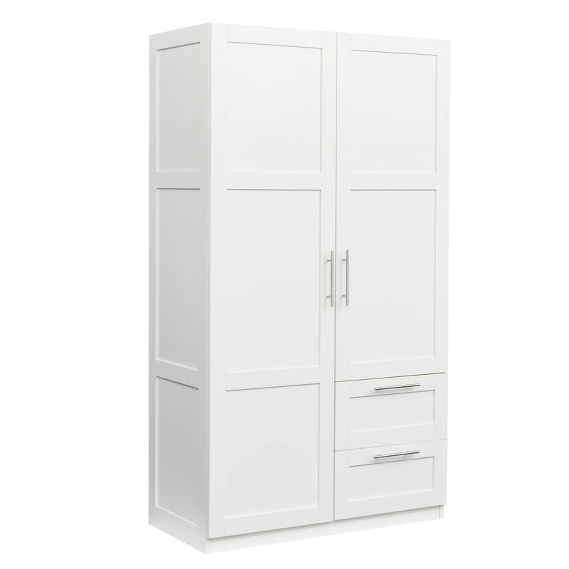 2 Door Wooden Wardrobes, Equipped with Suspension Rods and Drawers, Large Capacity Bedroom Wardrobe Storage Cabinets