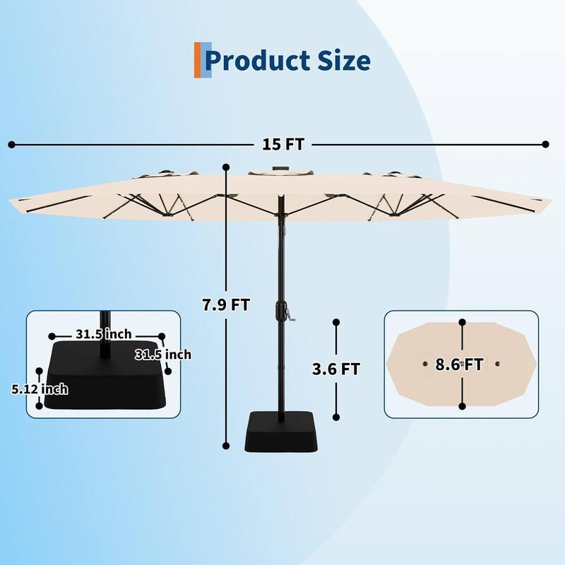15FT Patio Umbrella with Solar Lights and Crank Handle,Base Included