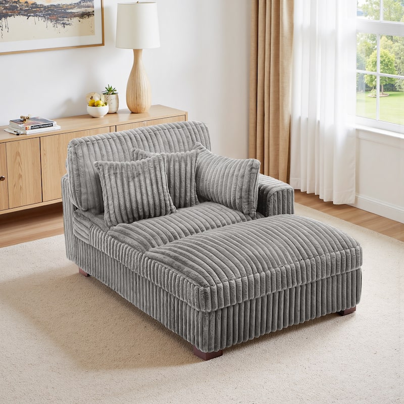 41" W Plush Corduroy Chaise Lounge with Pillows - Right Facing - Light Grey-Chaise&2 Pillows