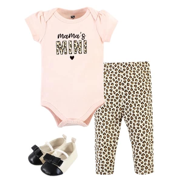 slide 1 of 1, Hudson Baby Infant Girl Cotton Bodysuit, Pant and Shoe Set, Leopard Hearts Newborn - Leopard Hearts Short Sleeve