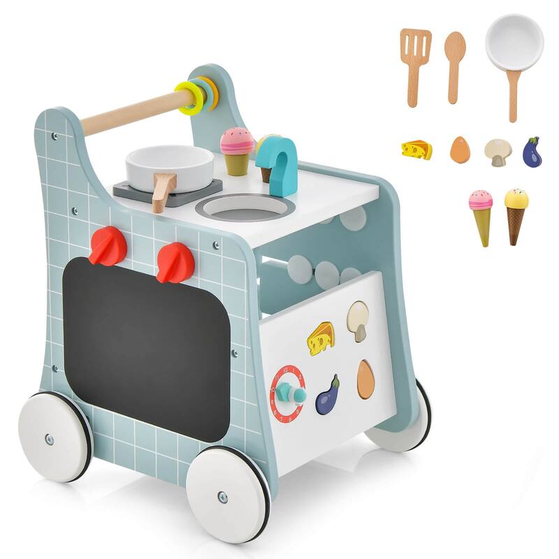 Costway 6-in-1 Baby Push Walker Wooden Strollers Learning Activity - See Details - Blue + White