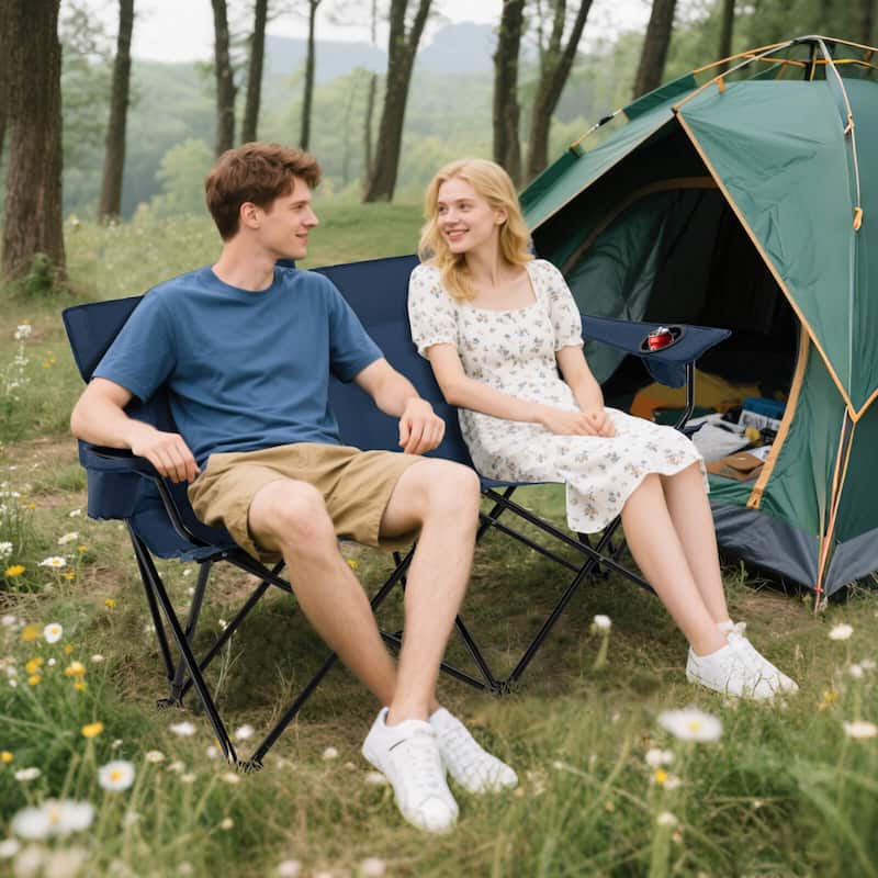 Costway 2-Person Outdoor Folding Loveseat with Cup Holders Armrests