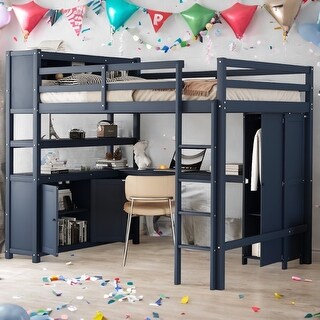 Wood Loft Bed with Cabinet and Bookshelf, Full Size Loft with Wardrobe and Desk for Kids, Dark Blue