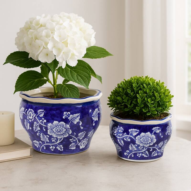 Traditional Ceramic Chinoiserie Planters - Set of 2