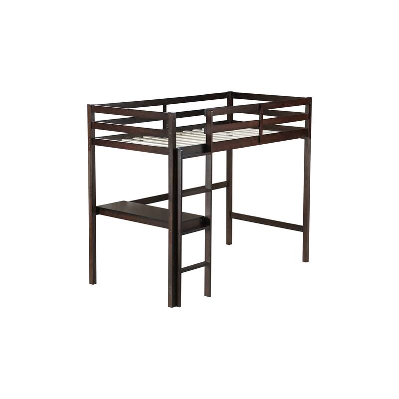 Twin High Loft Bed, Rubber Wood Loft Bed with Safety Guardrail built-in desk, ladder, Espresso