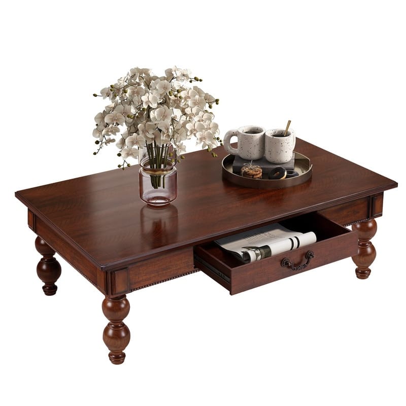 Rectangular 47" Wooden Coffee Table with Storage Drawer, Vintage Cocktail Table with Solid Wood Legs for Living Room Elegance