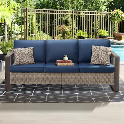 Cozywor Wicker Outdoor Patio Sofa Steel Frame with Beige Cushions