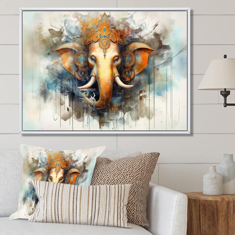Designart "Vibrant Hinduisim Elephant I" Hinduisim Framed Canvas Print - White - 32 in. wide x 24 in. high