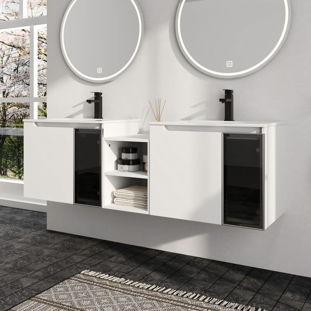 Malwee 36/42/48/54/60/72/84 inch Floating Bathroom Vanity with Sink, Wall Mounted Bathroom Vanity with Soft Close Door and Shelf