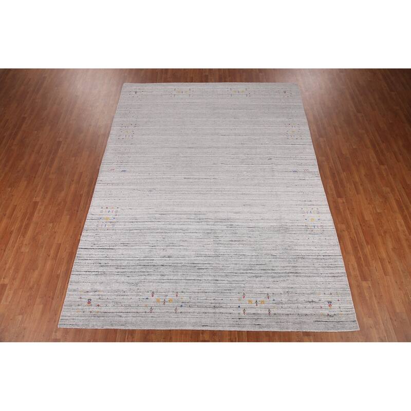 Silver Gray Striped Gabbeh Oriental Area Rug Handmade Wool Carpet - 9'0" x 12'0"