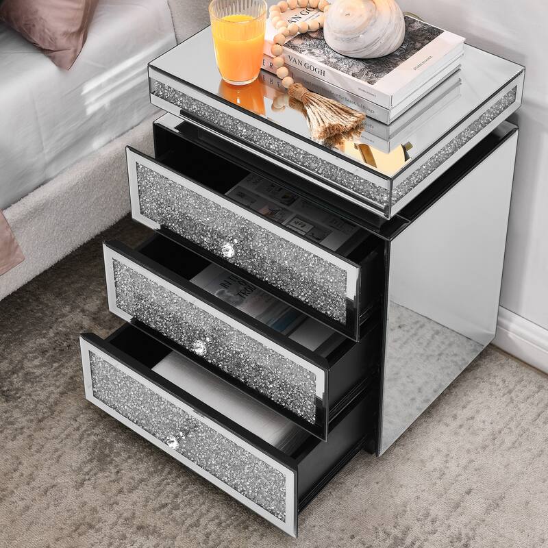 Mirrored Nightstand with 3 Drawers, Silver Nightstand with Crystal Inlay, Glass Table for Bedroom, 13.8"W x 17.7"L x 23.6"H
