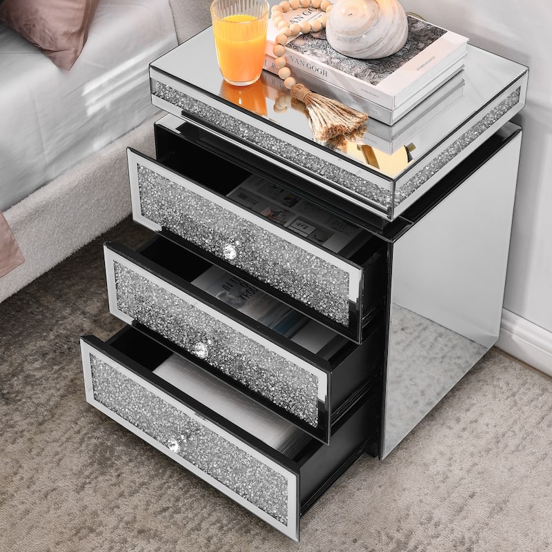 Mirrored Nightstand with Drawers, Couch Side Table with Crystal Pulls, Living Room Side Table with Crushed Decorate