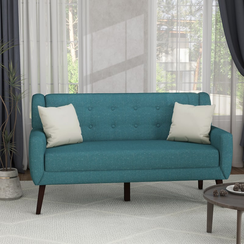 Mid-Century 63-Inch Linen Tufted Loveseat Sofa with Pillows - Light Blue