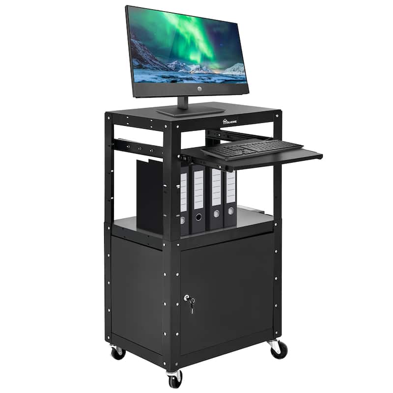 Adjustable AV Cart with Lock Cabinet and Keyboard Tray and USB Ports - Black