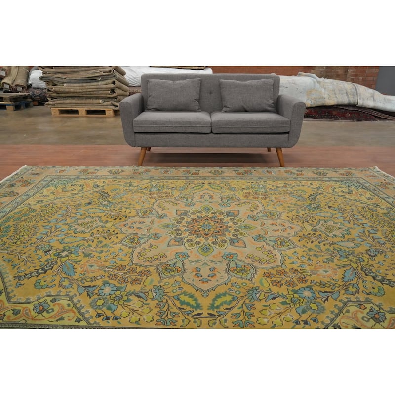 Hand Knotted Oriental 100% Wool Carpet Traditional Floral Yellow & Gold Tabriz Area Rug - 11' 0'' X 7' 11''