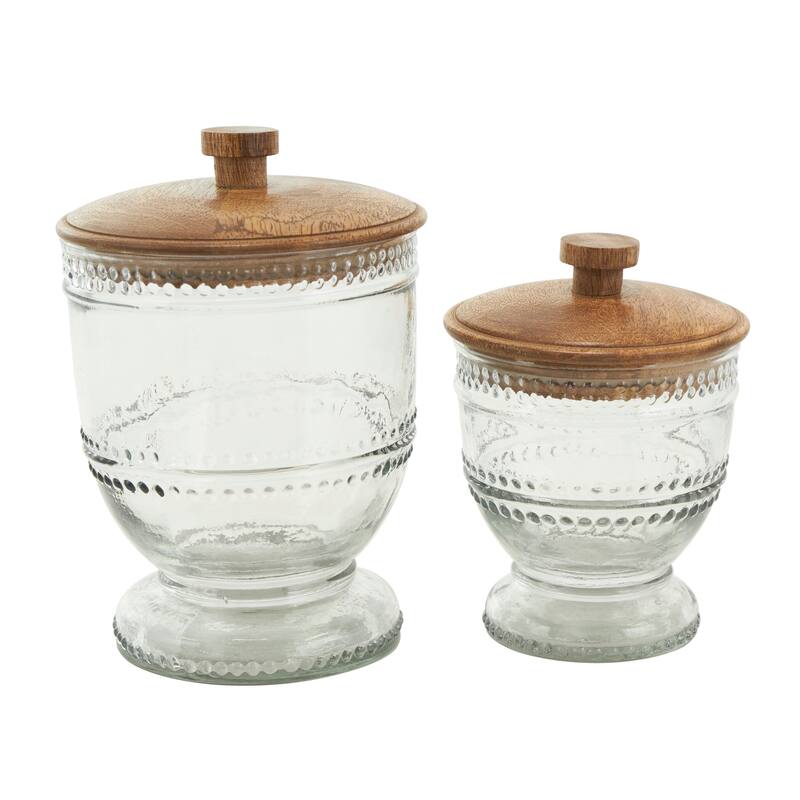 Clear Glass Beaded Living Room Decorative Jars with Wood Lids (Set of 2)