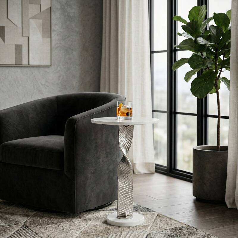 Marble Top Twisted Metal Base End Table - 24" - 24.25" - Silver/ Metallic