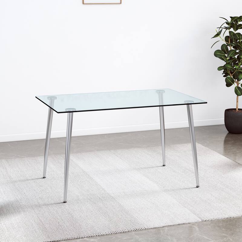 Modern Minimalist Rectangular Glass Dining Table for 4-6 with 0.31" Tempered Glass Tabletop and Silver plating Metal Legs