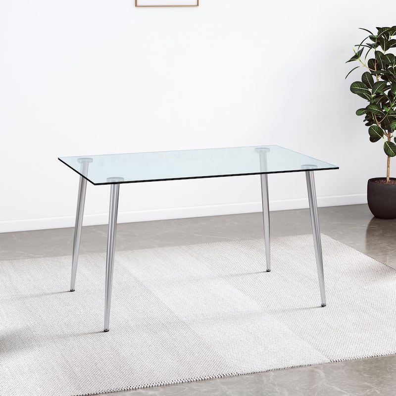 Modern Rectangular Dining Table Set for 4, 51" Glass Table with 4 Faux Leather Chairs, 5-Piece Stylish Dining Table & Chair Set