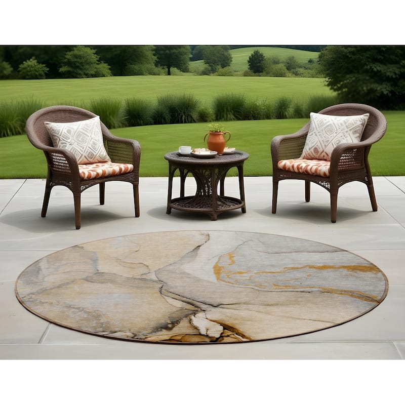 Elfi Modern Art-Inspired Weather Resistant Versatile Elegance Round Outdoor Rug - 8' Round - 8' Round - Beige