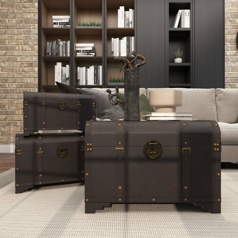 Brown Wooden Nesting Upholstered Decorative Trunk with Vintage Accents and Studs (Set of 3)