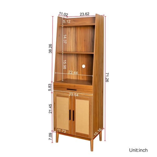 Narrow Bookcase Display Case Bookshelf with Drawer and Rattan Door