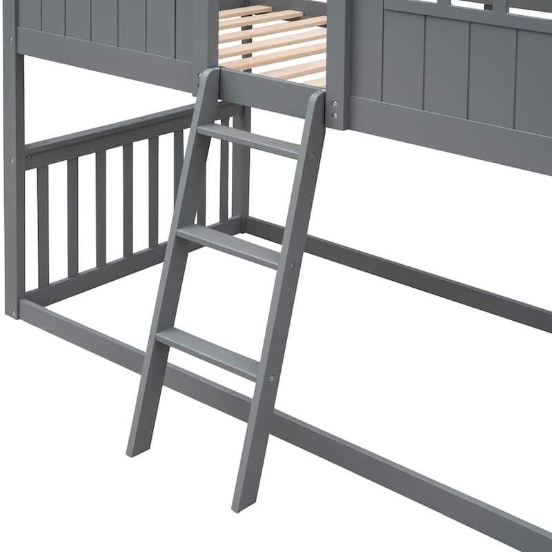 Playhouse Style Kids Bunk Bed with Fence, Twin Over Twin House Bed with Roof, Window, Ladder and Solid Pine Wood Frame