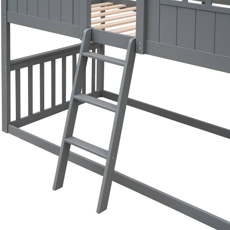 Twin Over Twin Wood Bunk Bed with Ladder, House Design, Gray Finish