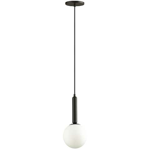 1 Light Incandescent Pendant, Matte Black with White Glass