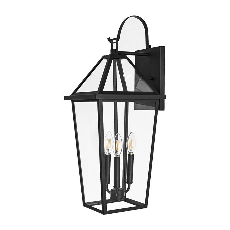 26 in. 3-Light Black Outdoor Hardwired Wall Lantern Sconce with Clear Glass Shade