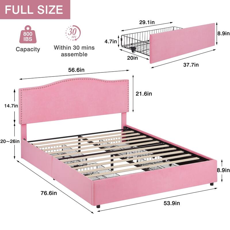 VECELO Upholstered Bed Frame with 4 Storage Drawers Full Queen Heavy Duty Platform with Adjustable Linen Headboard