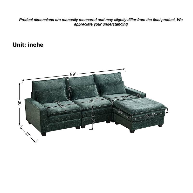 L Shaped Sectional Sofa with Movable Ottoman, Chenille Upholstered 4 Seater Sofa, Cloud Deep Seat Couch with Lumbar Pillow