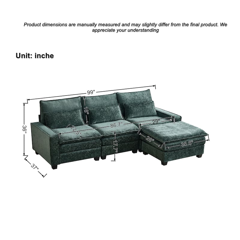 Roomfitters 99" Modern Modular Sectional Sofa with Reversible Ottoman, Padded Armrest Couch with Lumbar Pillows