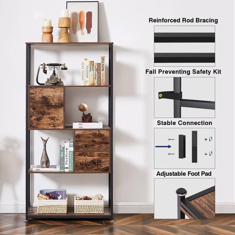 VECELO 4-Tier Book Shelf with 2 Storage Drawers and 1 Cabinet, Set of 2 Bookcase