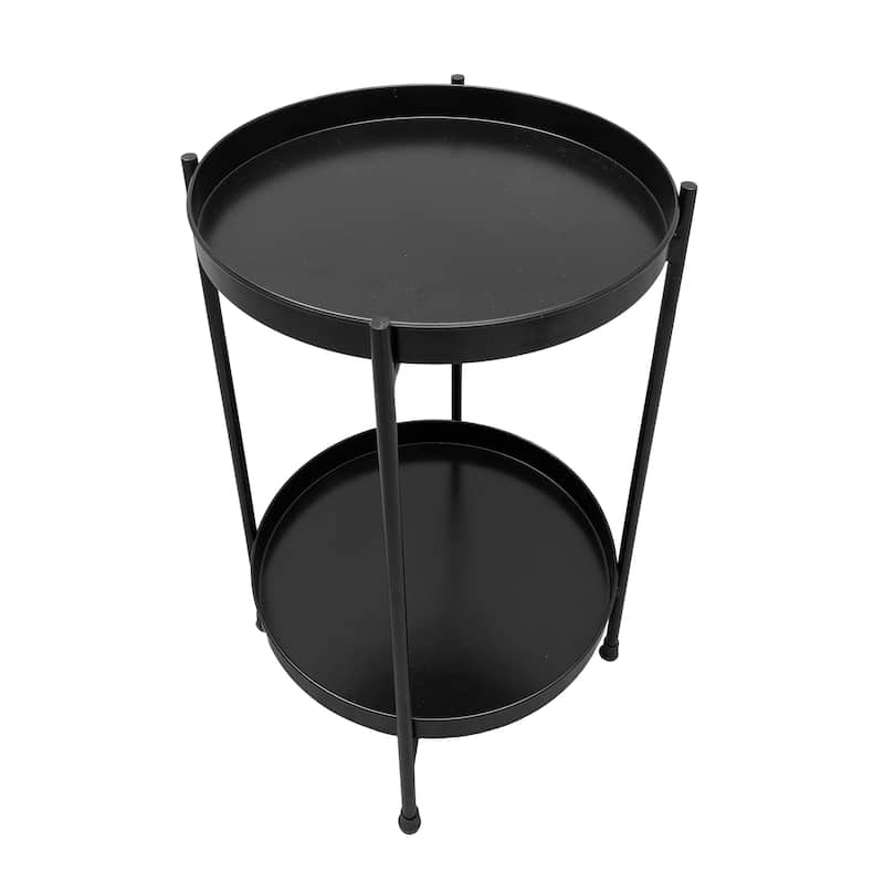 Vica 15 Inch Modern Side End Table, Metal Round Tray Top Foldable Legs, Black