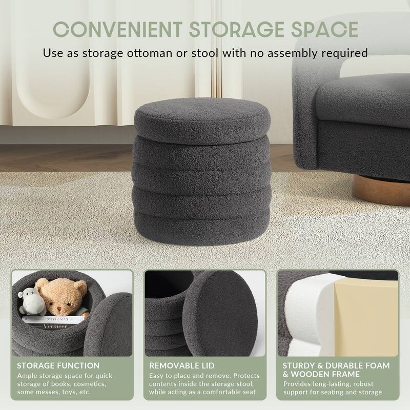 Bayville 16" Tall Sherpa Round Ottoman With Storage